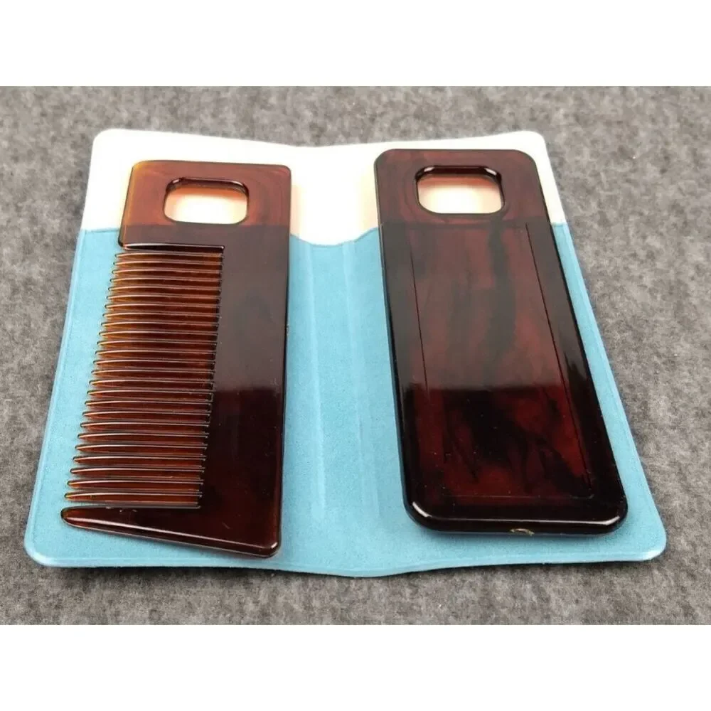 Comb &‎ Mirror Purse Set Blue Storage Case Faux Tortoise VTG 70s/80s Travel NEW